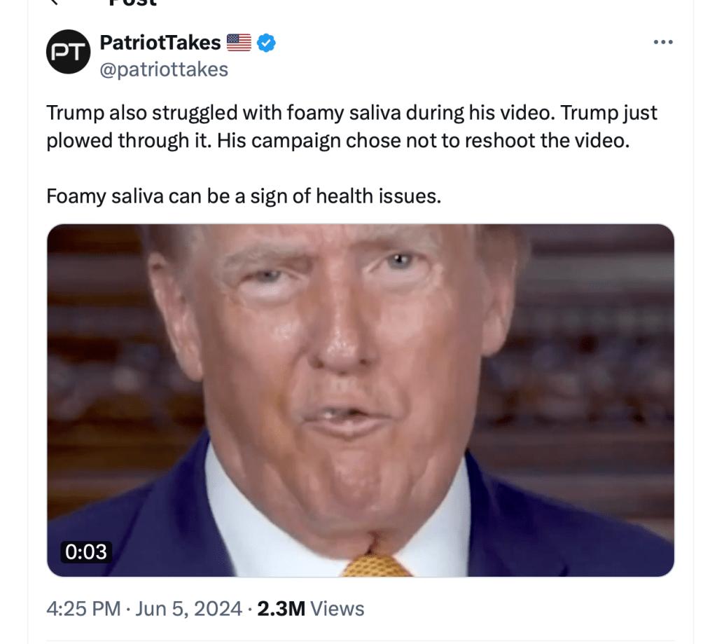 X poster Patriot Takes played a Trump moment in slow motion and captured white foam coming from his mouth and this clip went viral. Also: Why I think Hunter Biden may get off. by Hal Brown,&nbsp;MSW